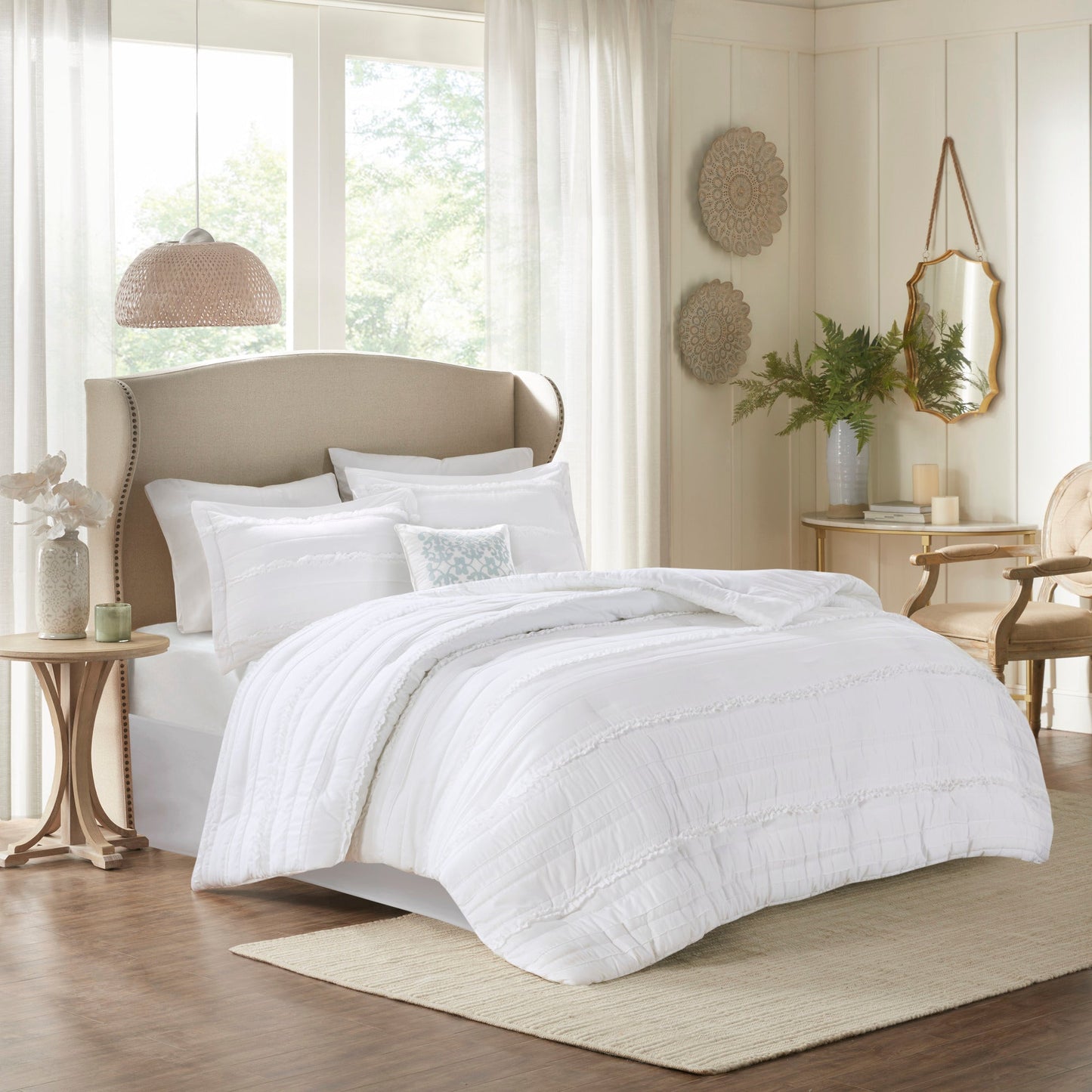 5 Piece Microfiber Ruffled Comforter Set - White California King