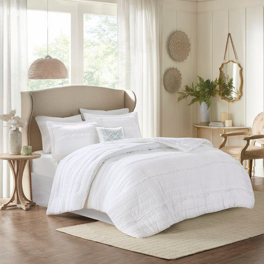 5 Piece Microfiber Ruffled Comforter Set - White California King