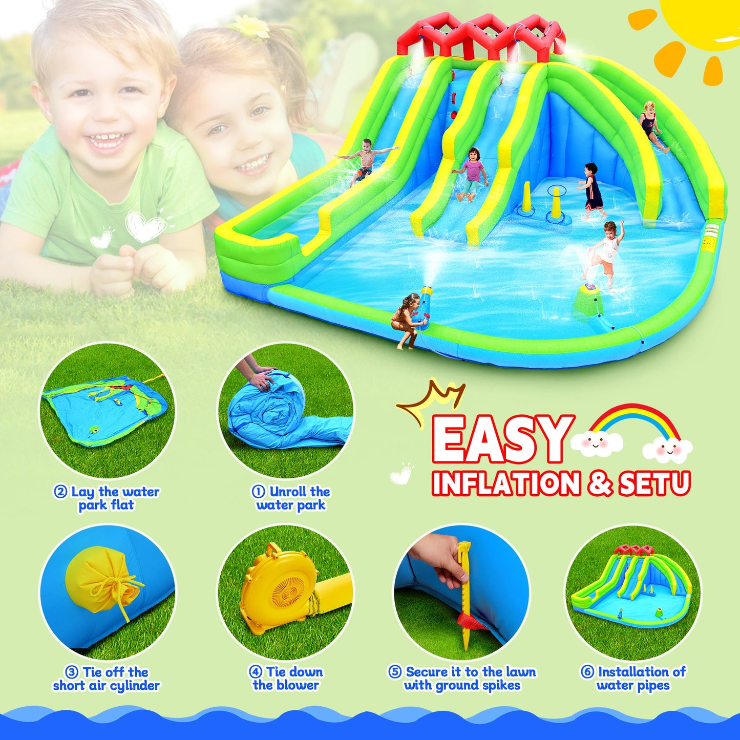 7-in-1 Inflatable Water Park Three Slide with Blower and Climbing Wall for Children