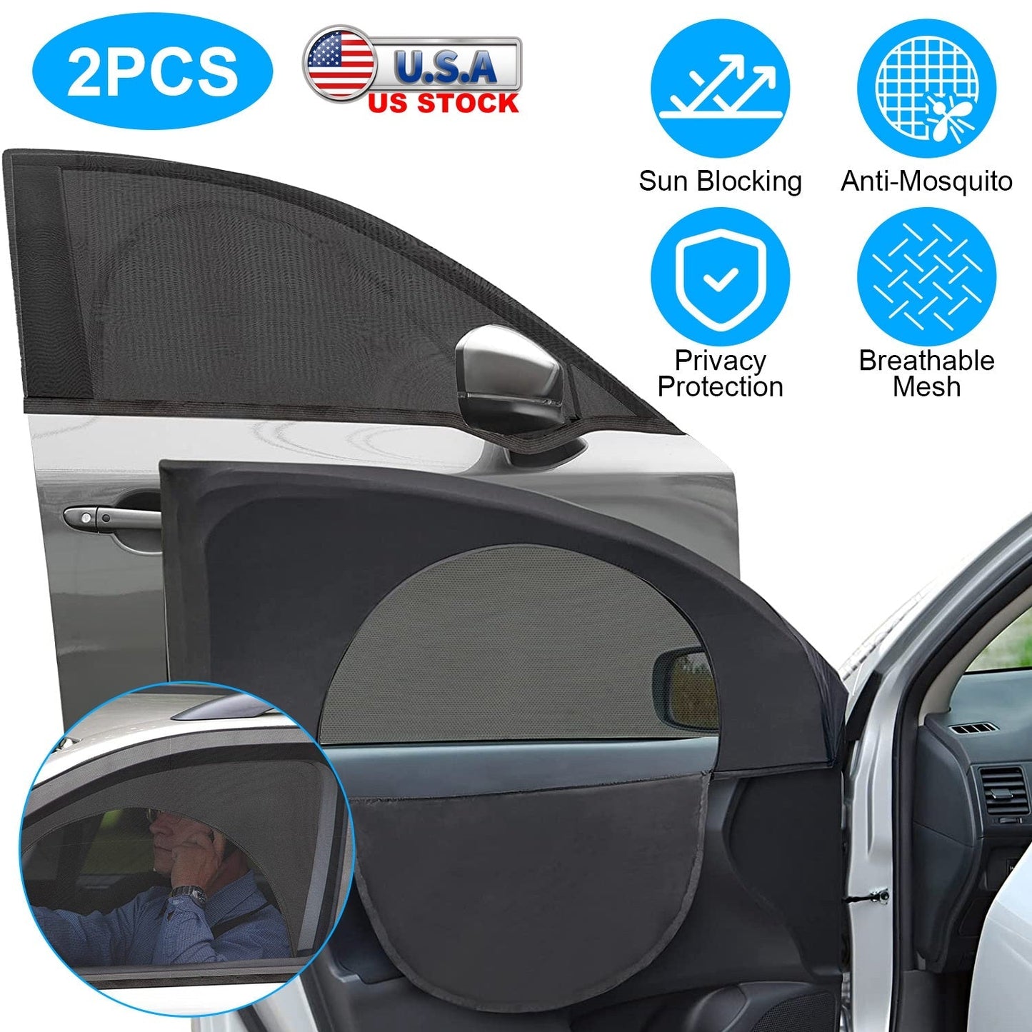 2Pcs Car Front Window Shades Stretchy Car Side Window ScreenÊMesh Window CoverÊfor Car Heat Shading UV Privacy Protection