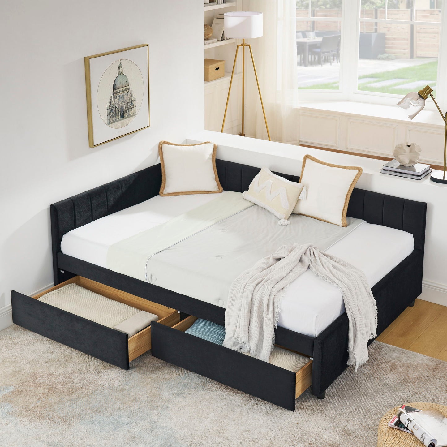 Upholstered Tufted Daybed Frame With Storage Drawers