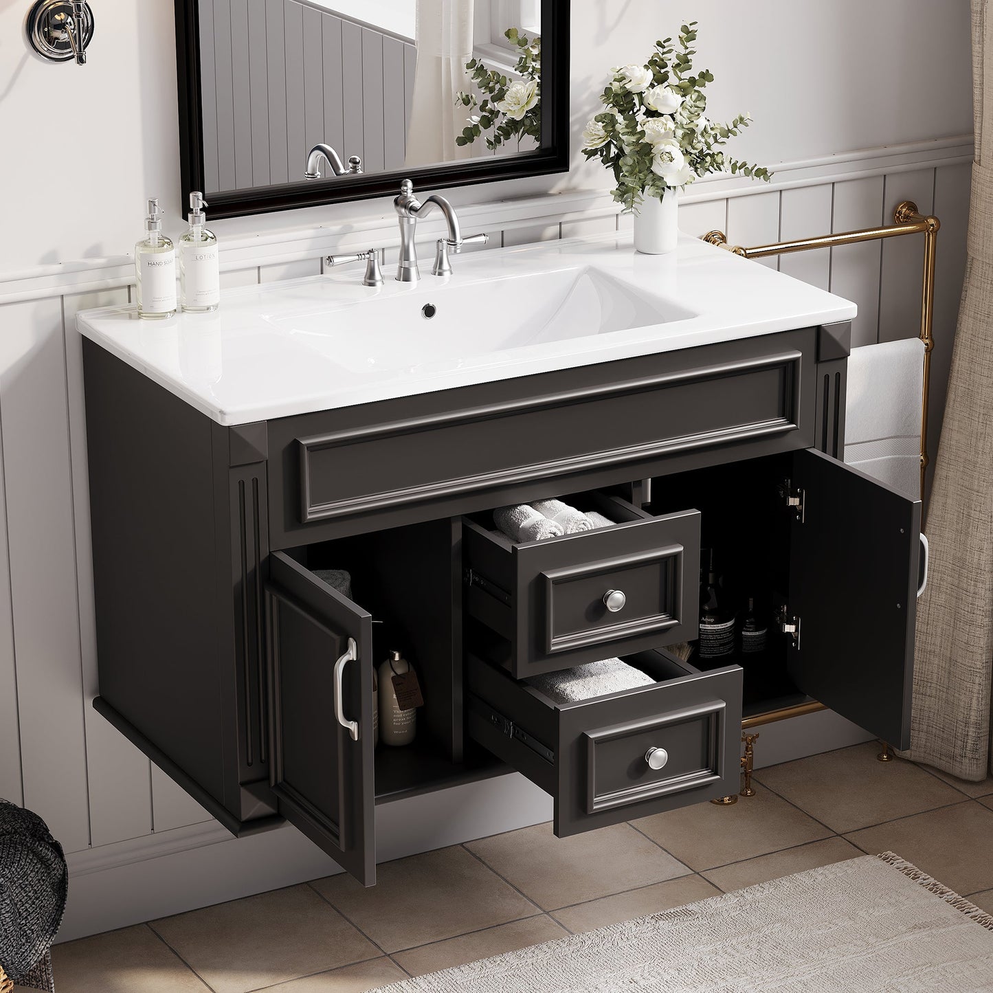 36 Inch Wall Mounted Bathroom Cabinet with Ceramic Sink and Drawers