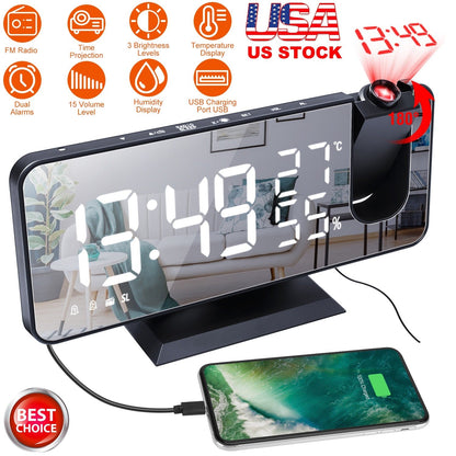 Projection Alarm Clock with Radio Function 7.5In Mirror LED Digital Alarm Clock w/ Dual Alarms 4 Dimmer 12/24 Hour USB Port
