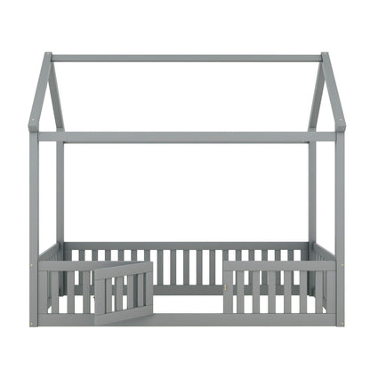 Wood House Bed With Fence And Door