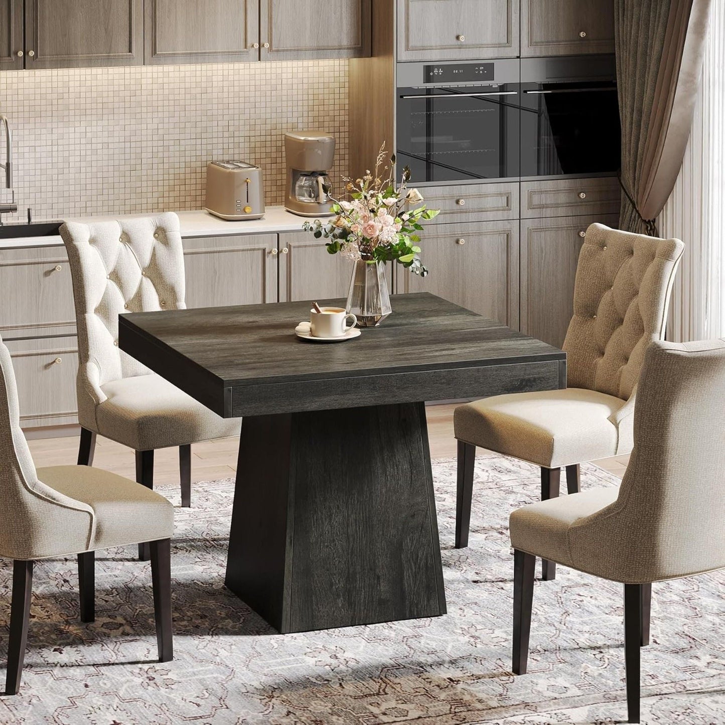Square Dining Table For 4 With Thick Grain Top And Sturdy Pedestal Base - Gray