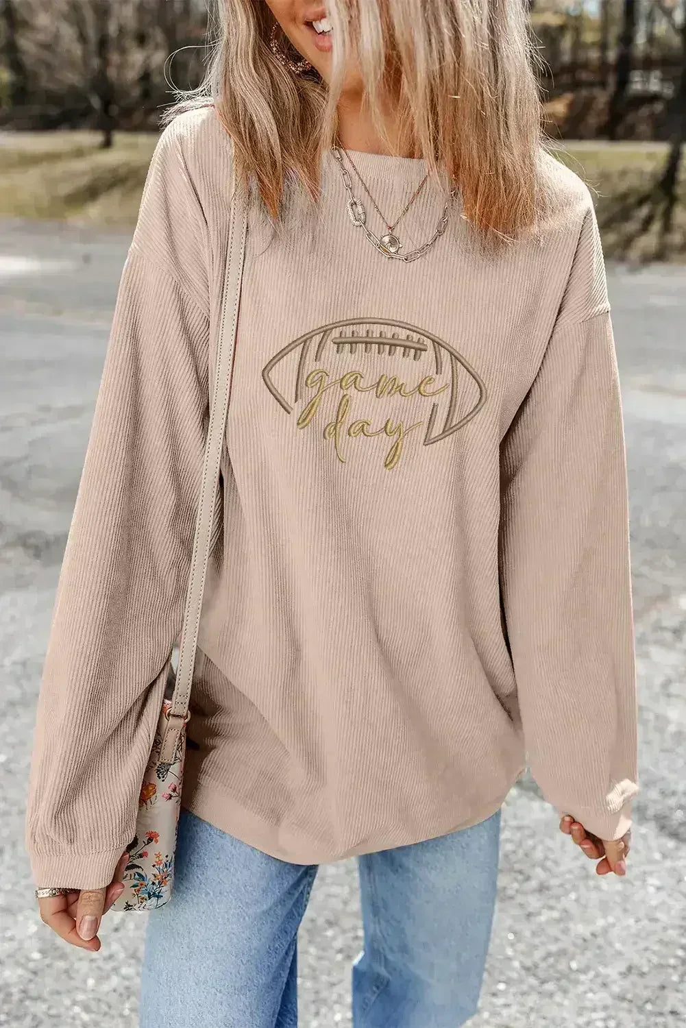 Apricot Football Graphic Sweatshirt – Drop Shoulder & Game Day Style | Femstylo
