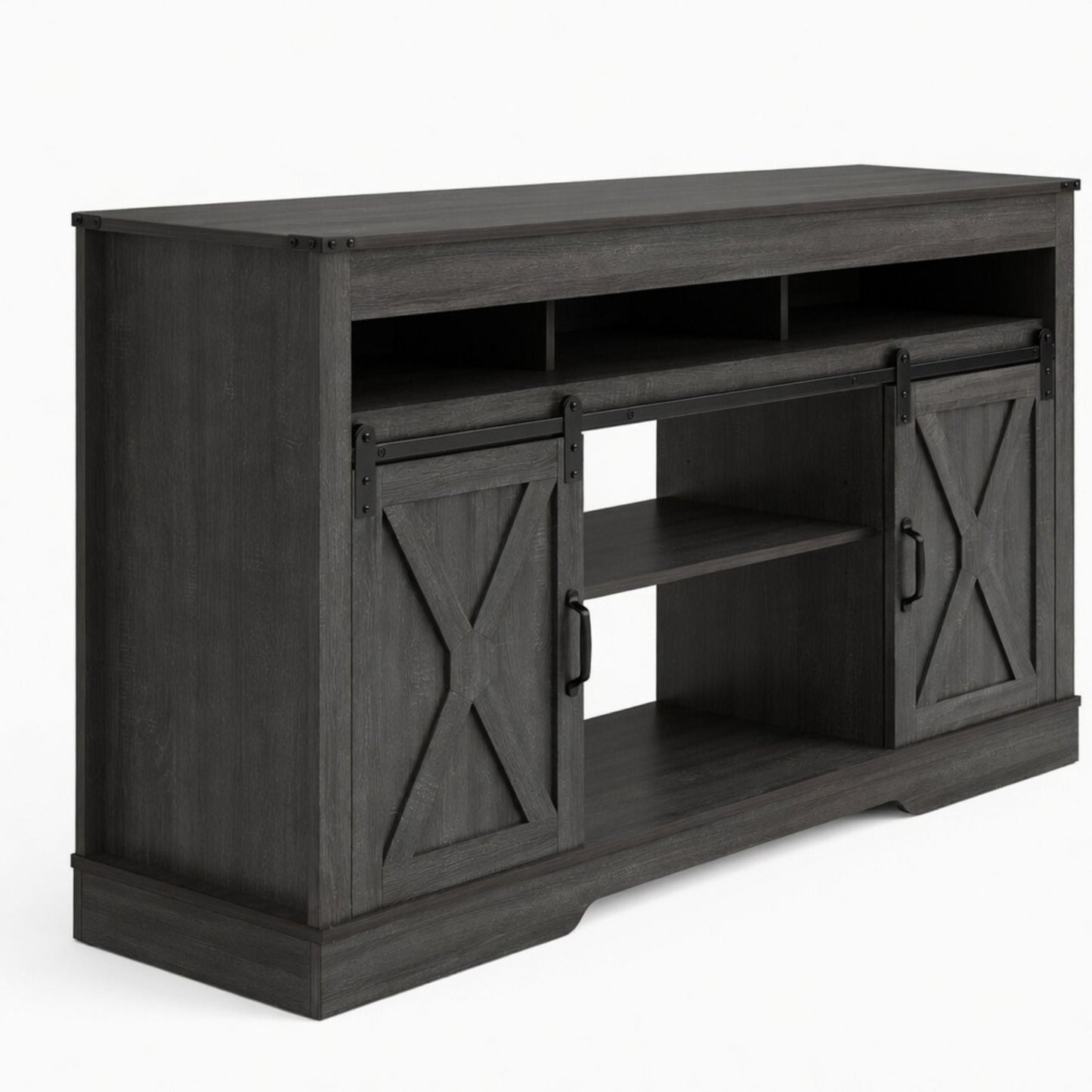 Farmhouse TV Stand With Sliding Barn Doors & Adjustable Storage