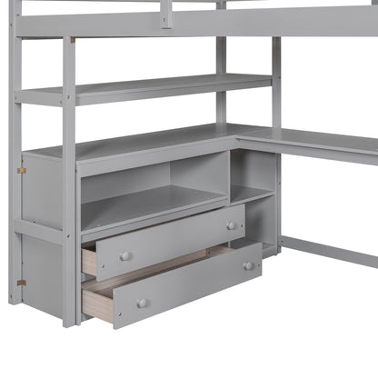 Loft Bed With Desk, Shelves, 2 Drawers, Storage Staircase