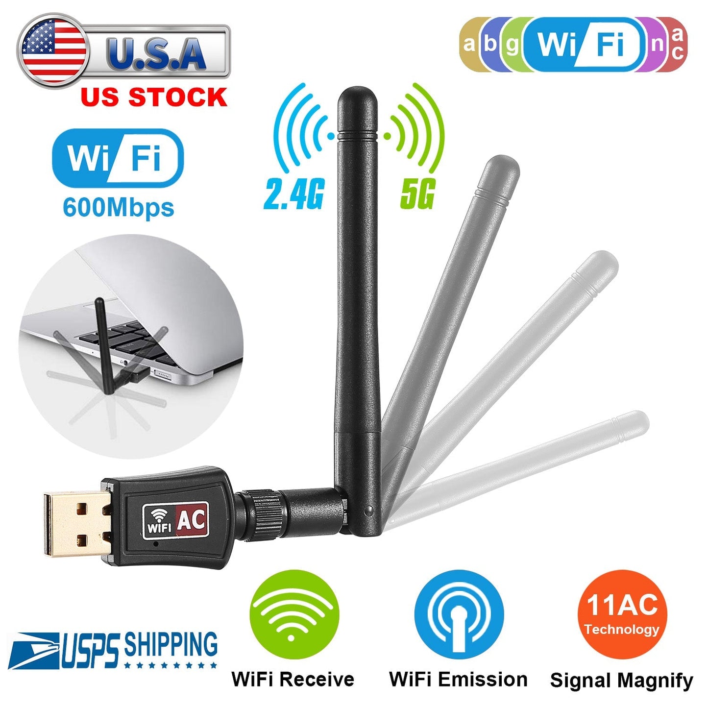 USB WiFi Adapter AC600Mbps 5G/2.4G Dual Band 802.11ac Wireless Network Adapter w/ 2dBi External Antennas For PC Desktop Laptop