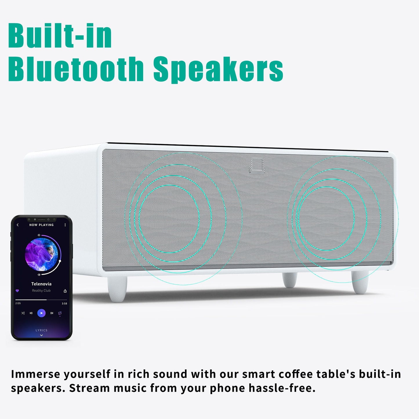 Modern Smart Coffee Table With Built-In Fridge - tooth Speaker, Wireless Charging, Touch Control Panel, USB Interface, Outlet Protection, Atmosphere Light