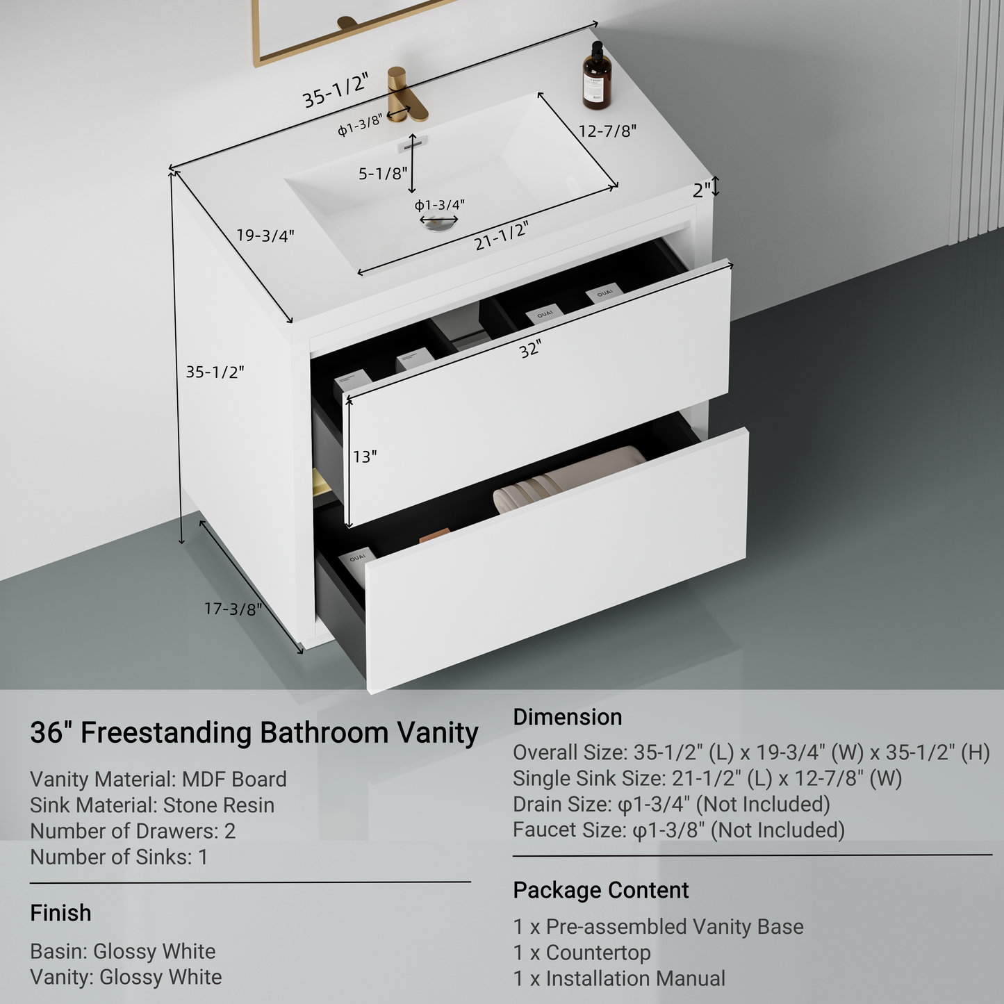 36" Freestanding Bathroom Vanity with Sink and Storage Cabinet
