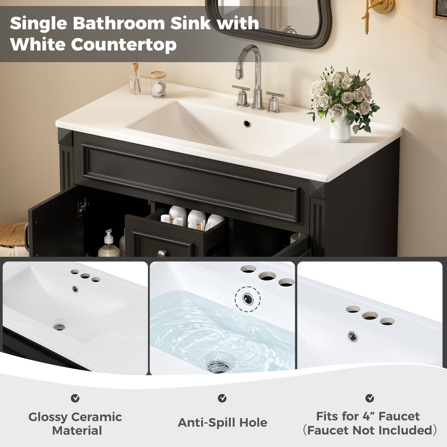 36 Inch Wall Mounted Bathroom Cabinet with Ceramic Sink and Drawers