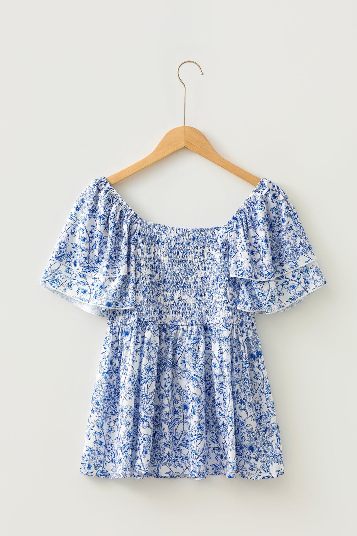 Sky Blue Floral Print Square Neck Ruffled Sleeve Shirred Babydoll Blouse