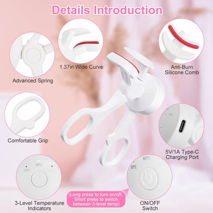 2Pcs Heated Eyelash Curler Electric USB Rechargeable Eyelash Curler Anti-Burn Compact with Comb Heat up Fast Within 8S for All Eye Shapes for Women Ma