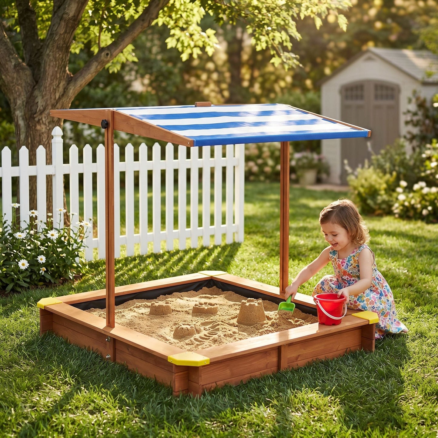 Kids Sandbox With Cover, Sand Box With Adjustable Canopy, Large Outdoor Cedar Sandpit For Backyard Play - Reddish Brown