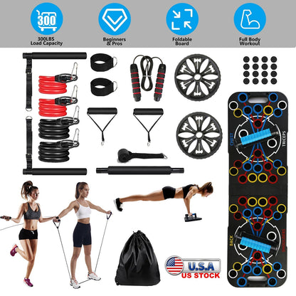 Multifunctional Push Up Board Home Strength Training Equipment With 15 Fitness Accessories Pilates Bar Resistance Band Roller Wheel Full Body Workout