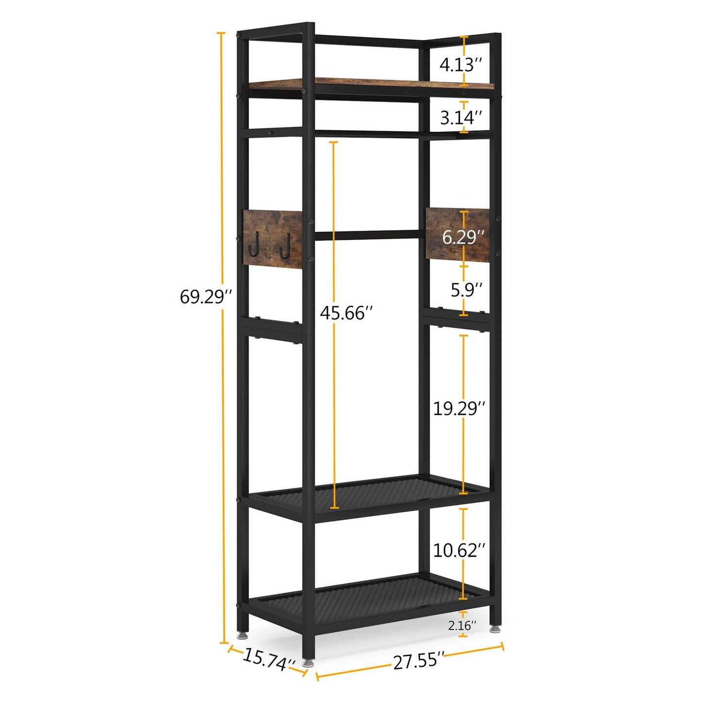 Rack With Hanging Rod, 4 Hooks, Heavy Duty Freestanding Closet Organizer - Brown / Black