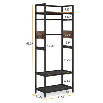 Rack With Hanging Rod, 4 Hooks, Heavy Duty Freestanding Closet Organizer - Brown / Black