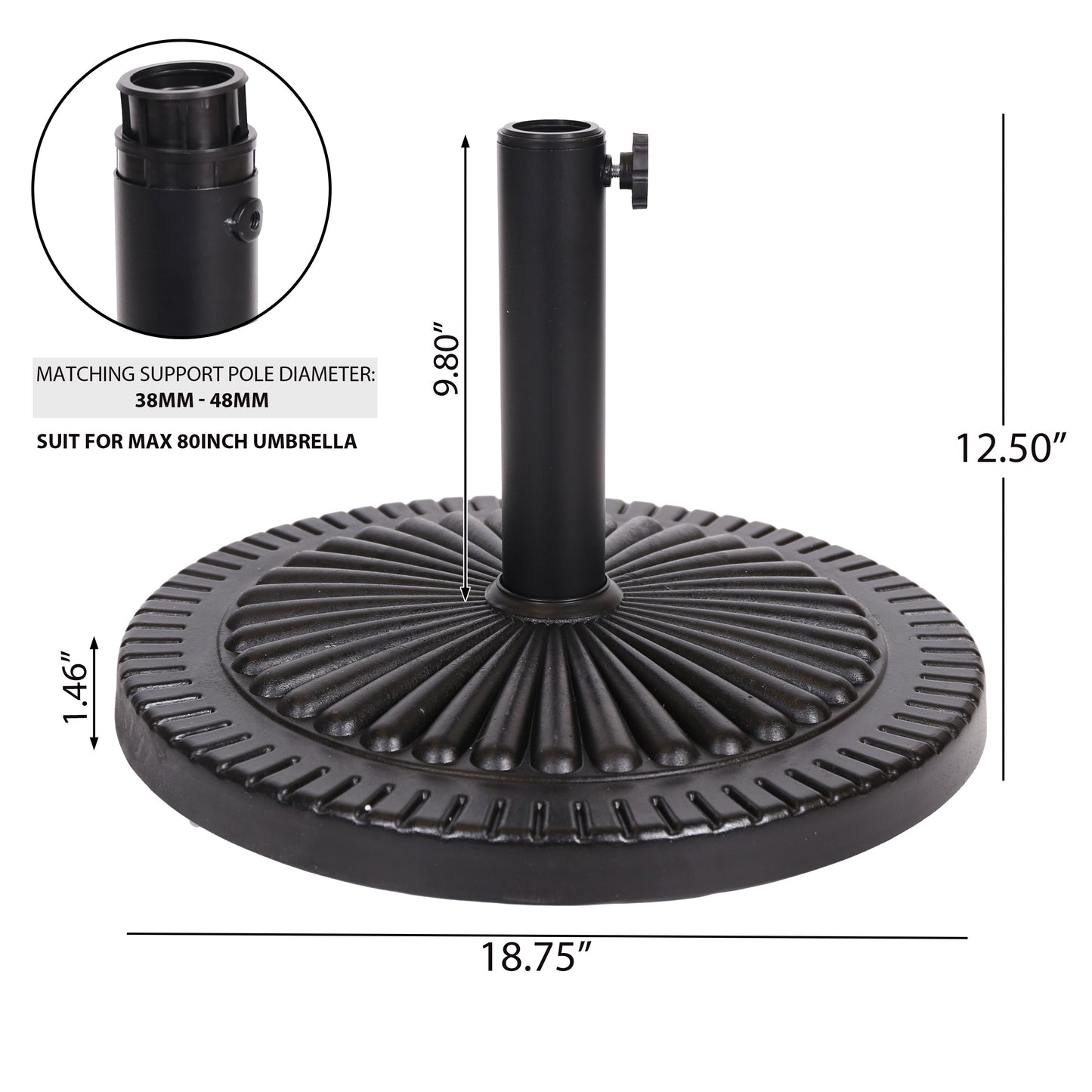 Black Rock Resin Outdoor Umbrella Base with Steel Support in Black Finish