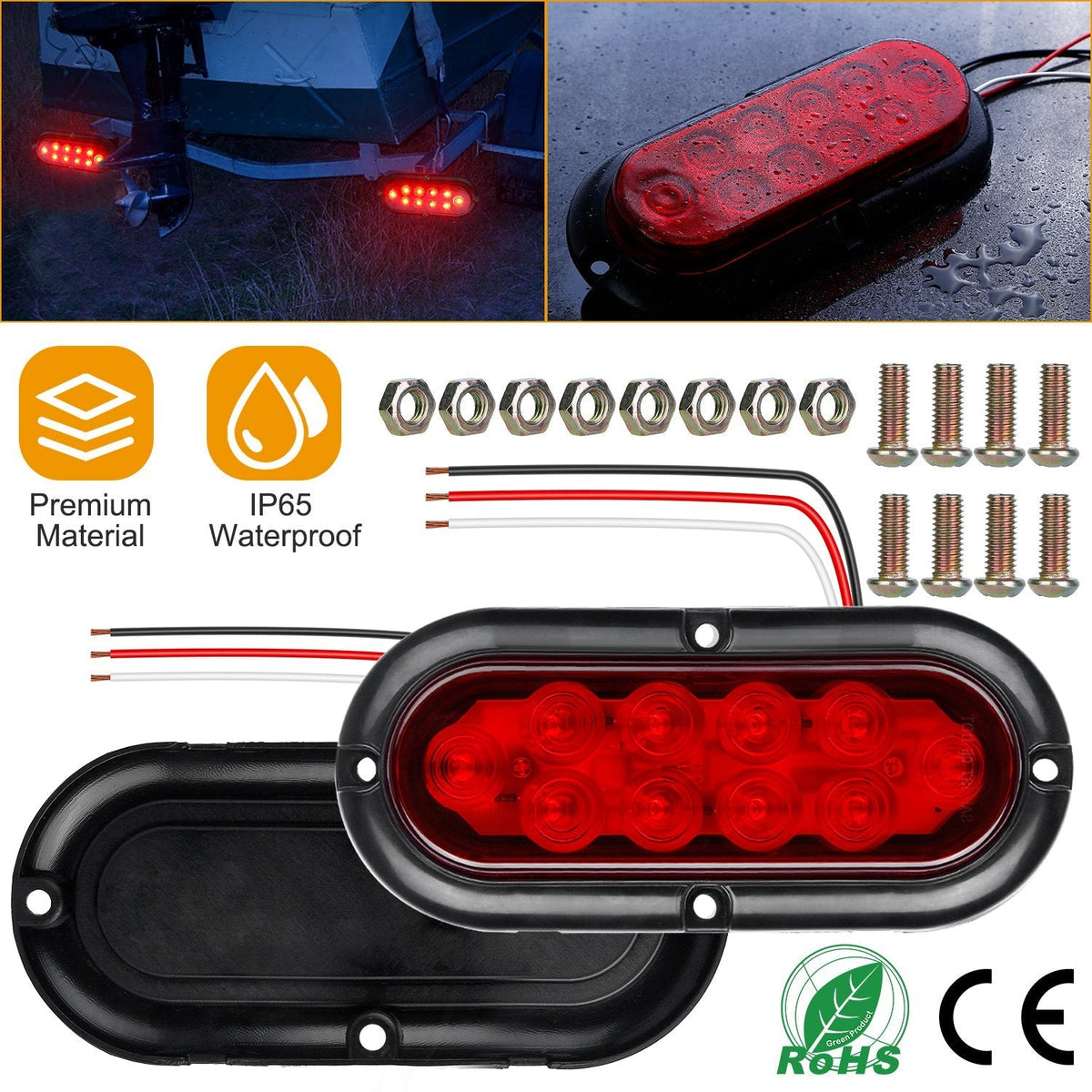 2Pcs Oval LED Brake Light 10LEDs Lamp Stop Turn Tail Light IP65 Waterproof Oval Red Trailer Tail Light for Trunk Jeep RV etc.