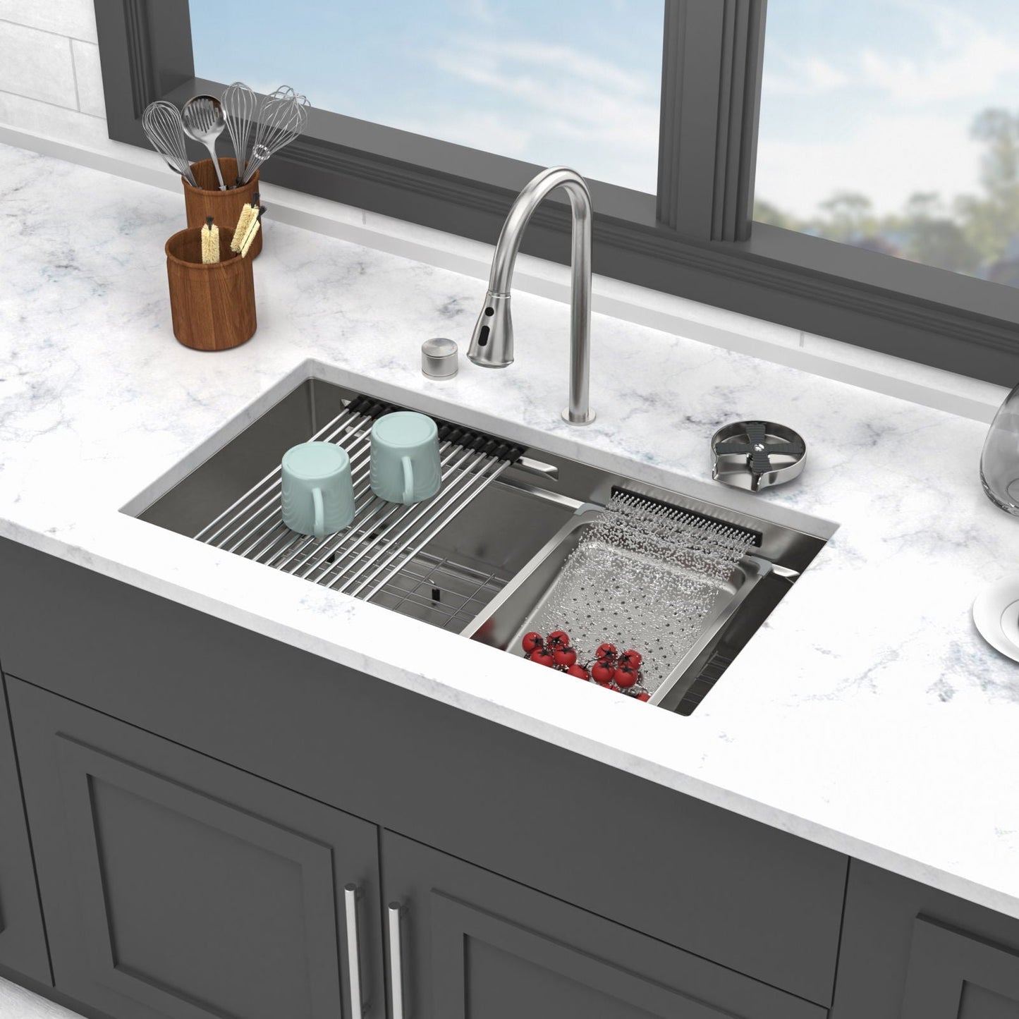 Undermount Stainless Steel Kitchen Sink With Pull Down Faucet & Ledge Workstation