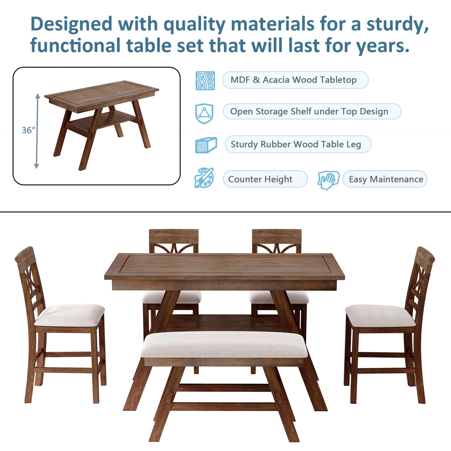 Topmax 6-Piece Wood Counter Height Dining Table Set with Storage Shelf