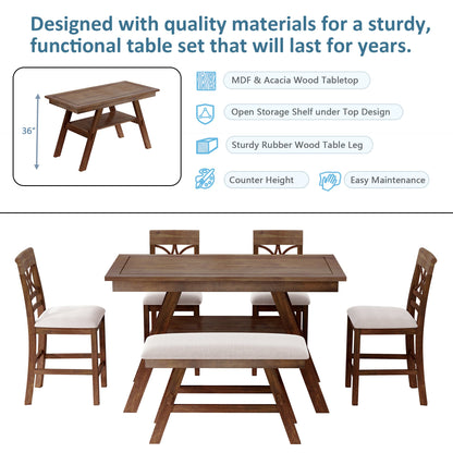 Topmax 6-Piece Wood Counter Height Dining Table Set with Storage Shelf