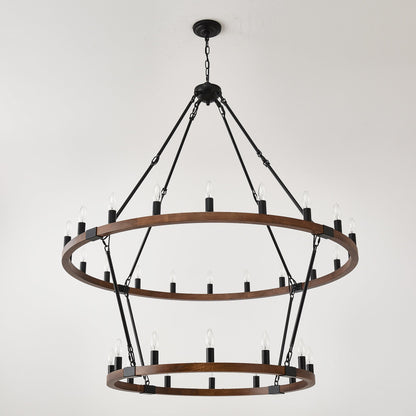 Large Solid Wood Wagon Wheel Chandelier, 2-Tier 32-Lights