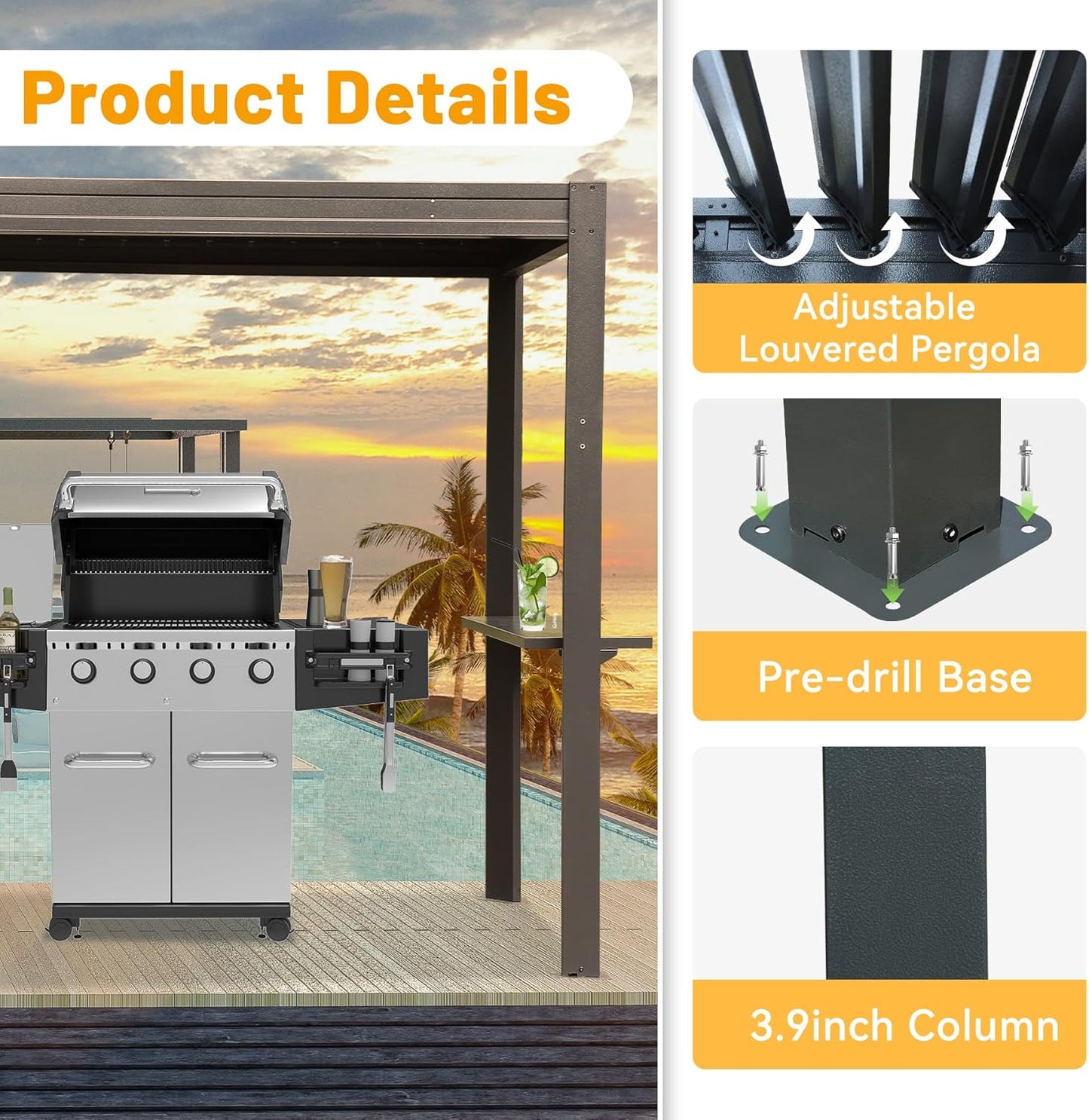 8x5 Ft Grill Louvered Pergola with Adjustable Roof and Built-in Gutter