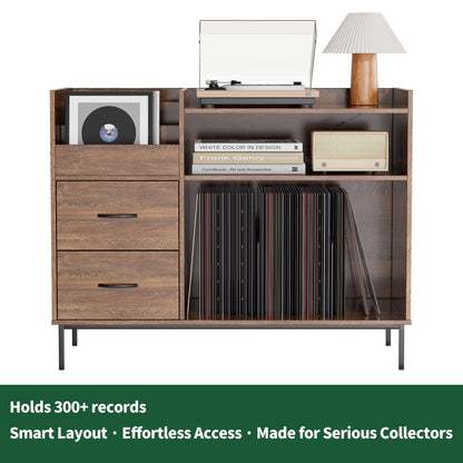 Eco-Friendly Vinyl Record Player Stand With Flip-Top Storage, Media Console With Dual Outlets And Dustproof Drawers