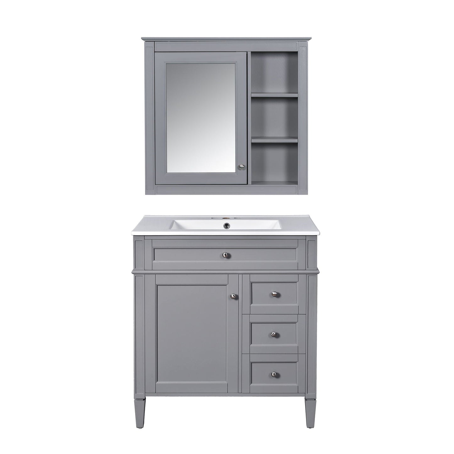 Bathroom Vanity With Top Sink, Storage Cabinet & Mirror - Gray