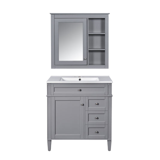 Bathroom Vanity With Top Sink, Storage Cabinet & Mirror - Gray