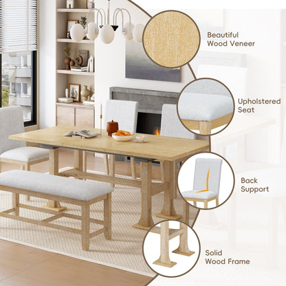 Artisanal 6-Piece Extendable Solid Wood Dining Set with Bench Seating