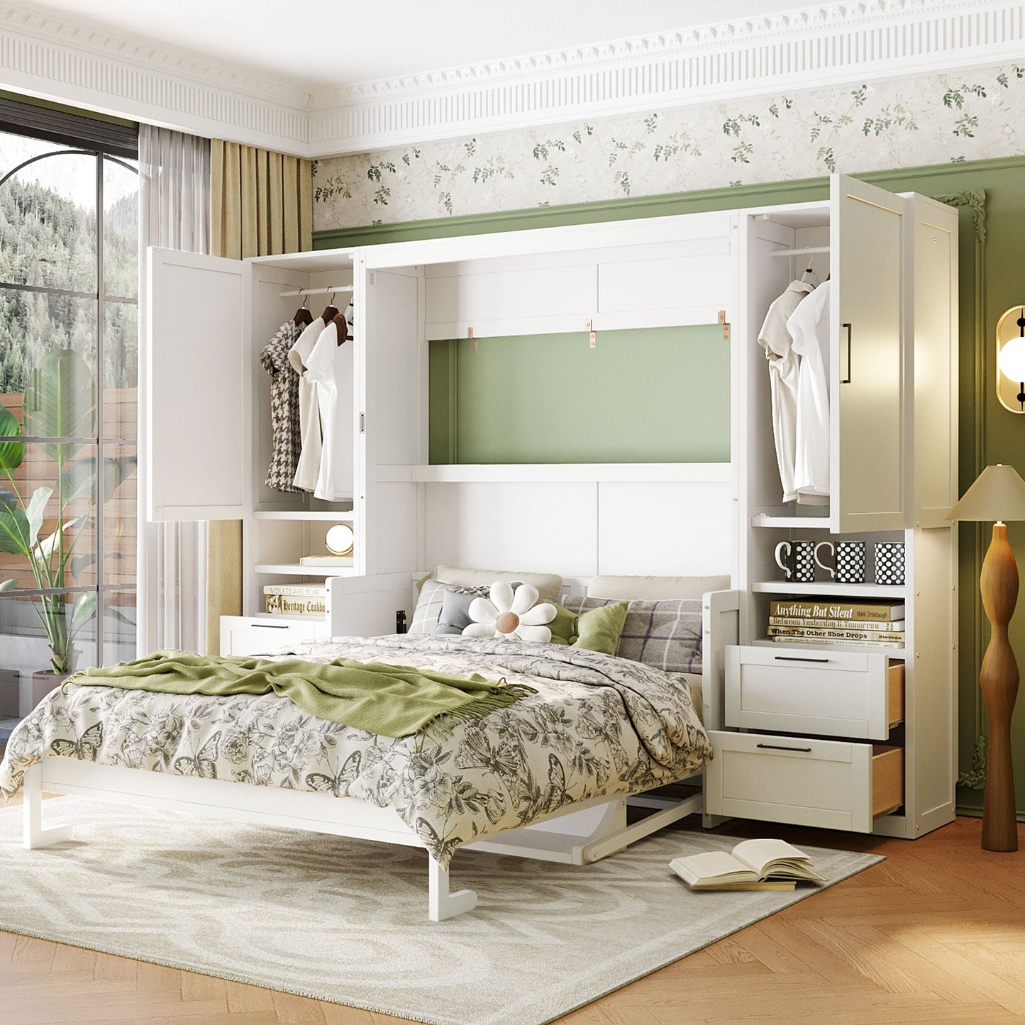 Queen Size Murphy Bed Wall Bed with Closet, Drawers and Shelves, White
