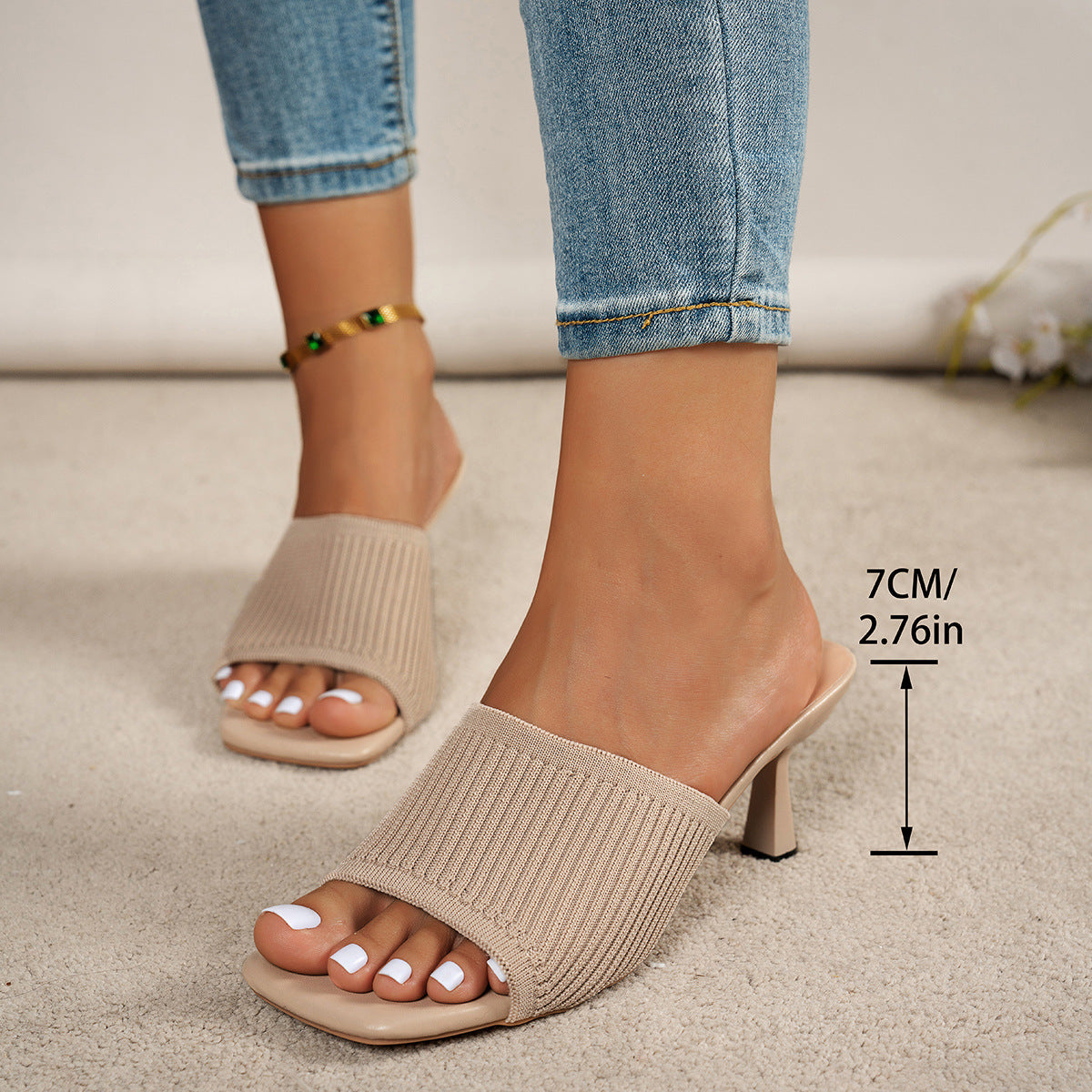 New Womens Outdoor Square-toe Slide Sandals With Chunky Heels