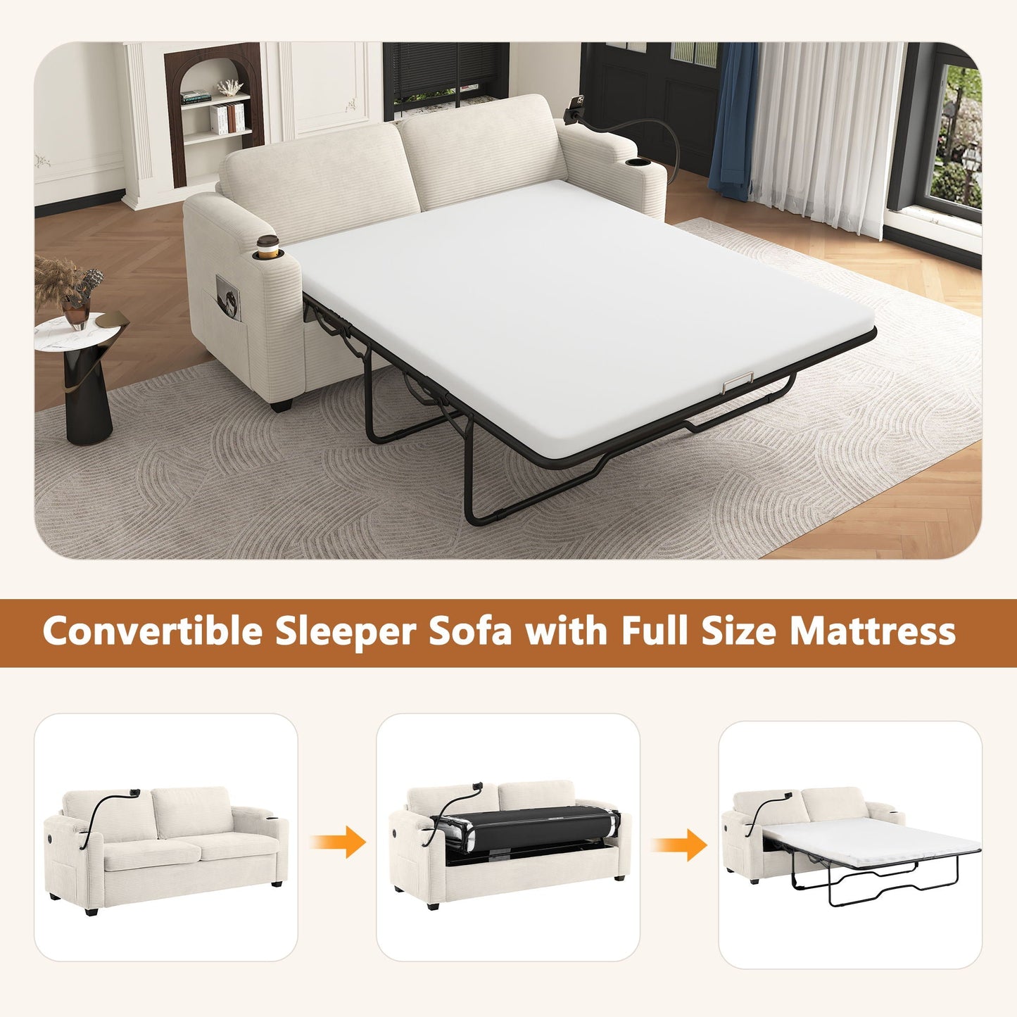 Sleeper Sofa Loveseat Sofa With Full Size Mattress, 2 USB Ports, 2 Cup Holders, 2 Side Pockets And Phone Holder
