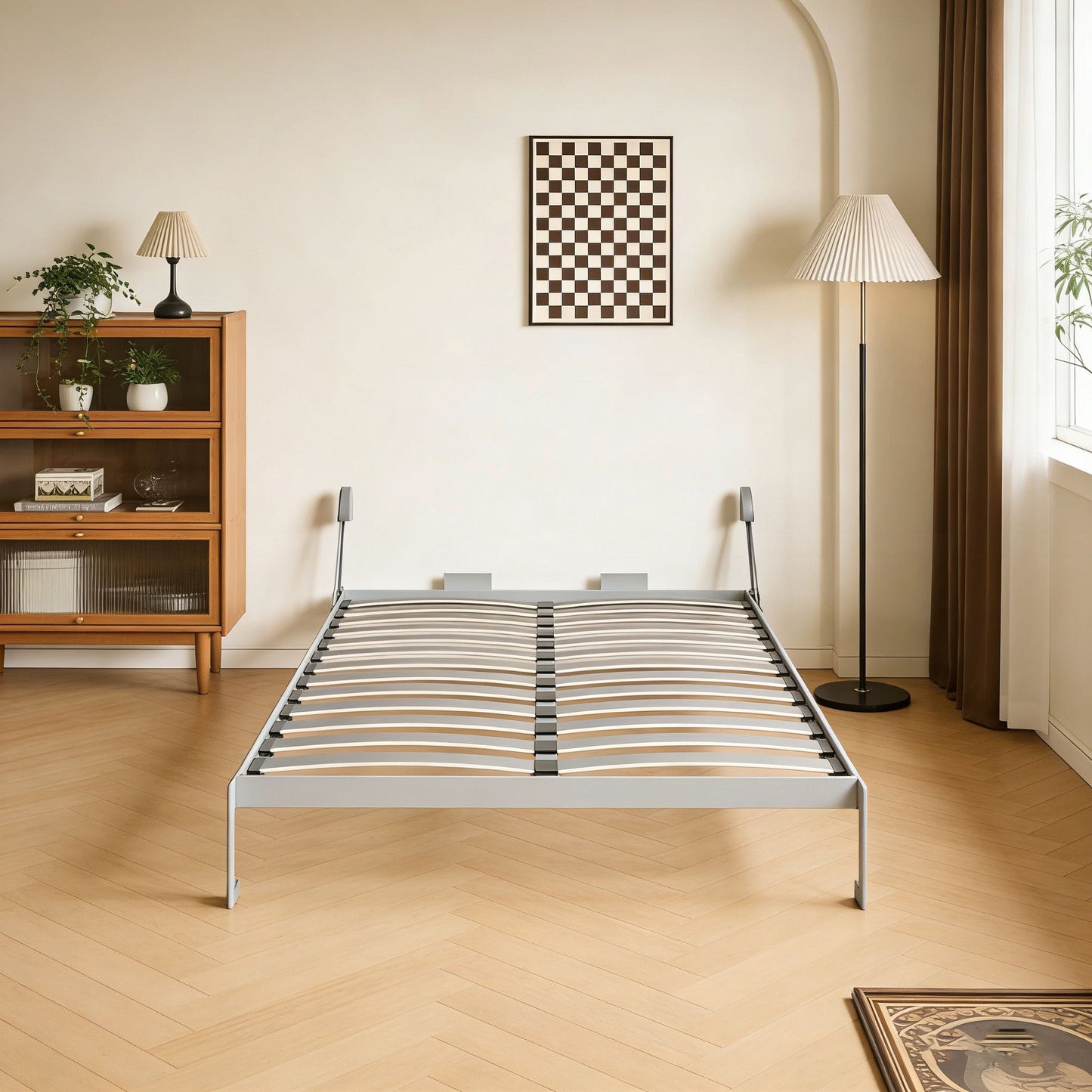 Queen Size Vertical Murphy Wall Cabinet Folding Bed With Automatic Legs - Gray