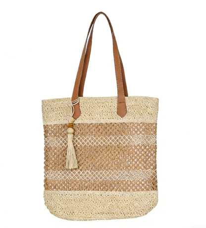 Hollow-Out Color-Block Fringe Woven Bag – Designer Straw Beach Tote, Large Vacation Shoulder Purse