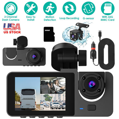 3 Channel Dash Cam Front Inside Rear Vehicle Driving Recorder Car DVR with 32G MMC Card G Sensor Motion Detection Parking Monitor Loop Recording