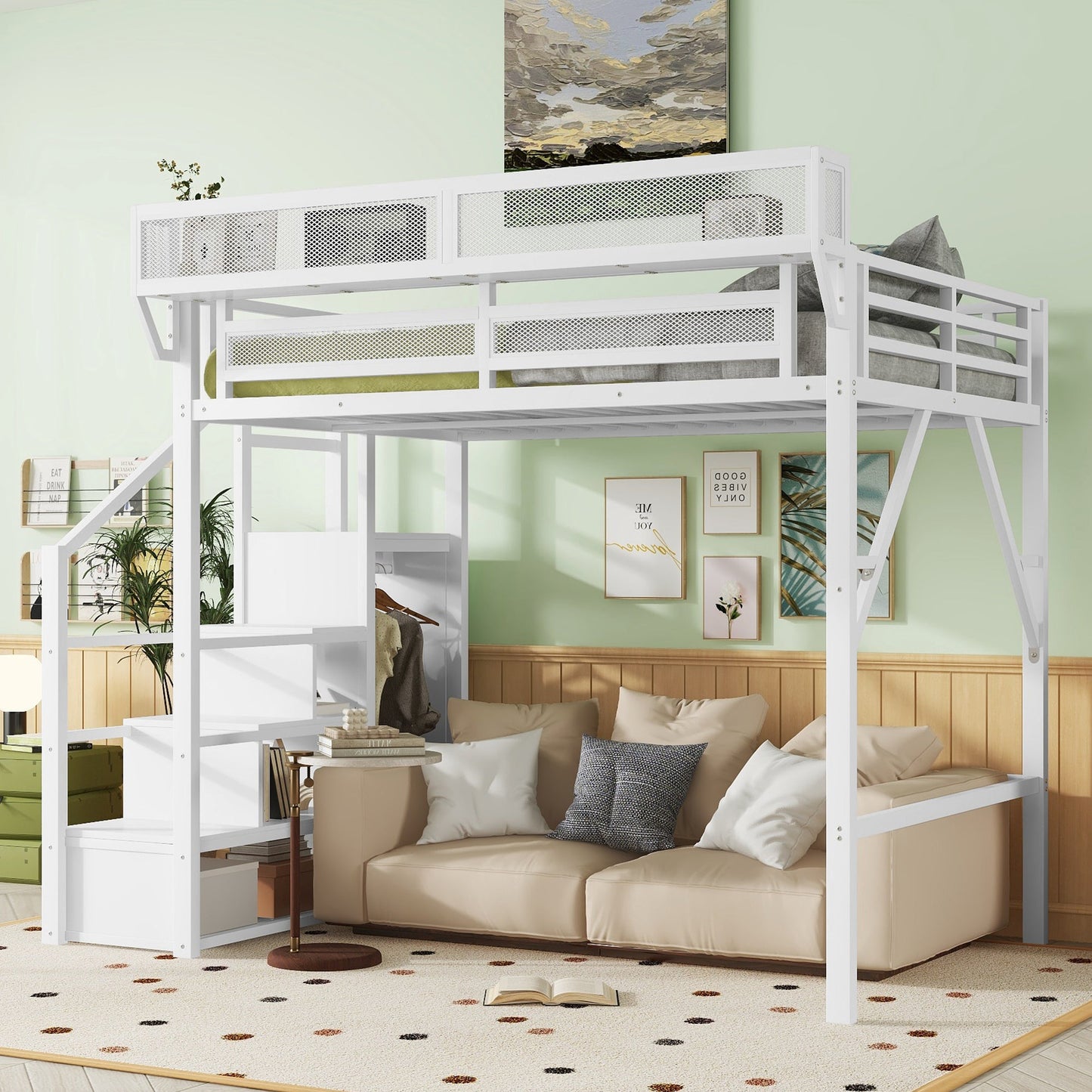 Full Size Loft Bed with Stairs and Storage Shelves