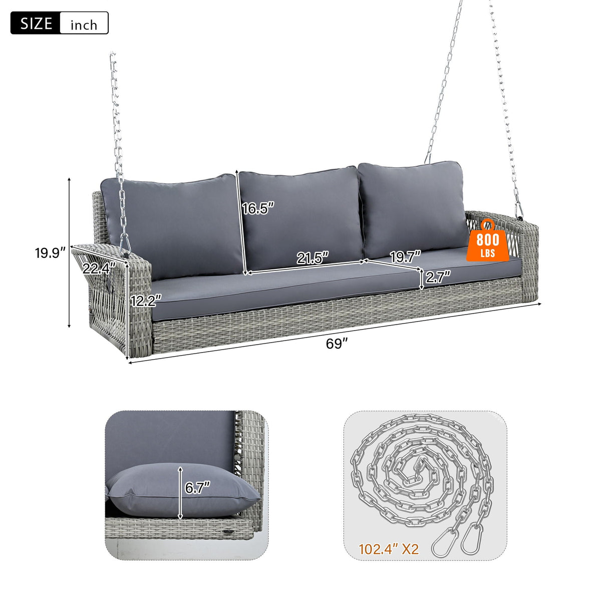 3 Person Large Patio Swing Bench With Cushions For Backyard