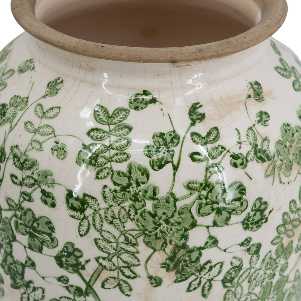 7.7x7.7x14.6' White Ceramic Flower Vase with Green Floral Pattern