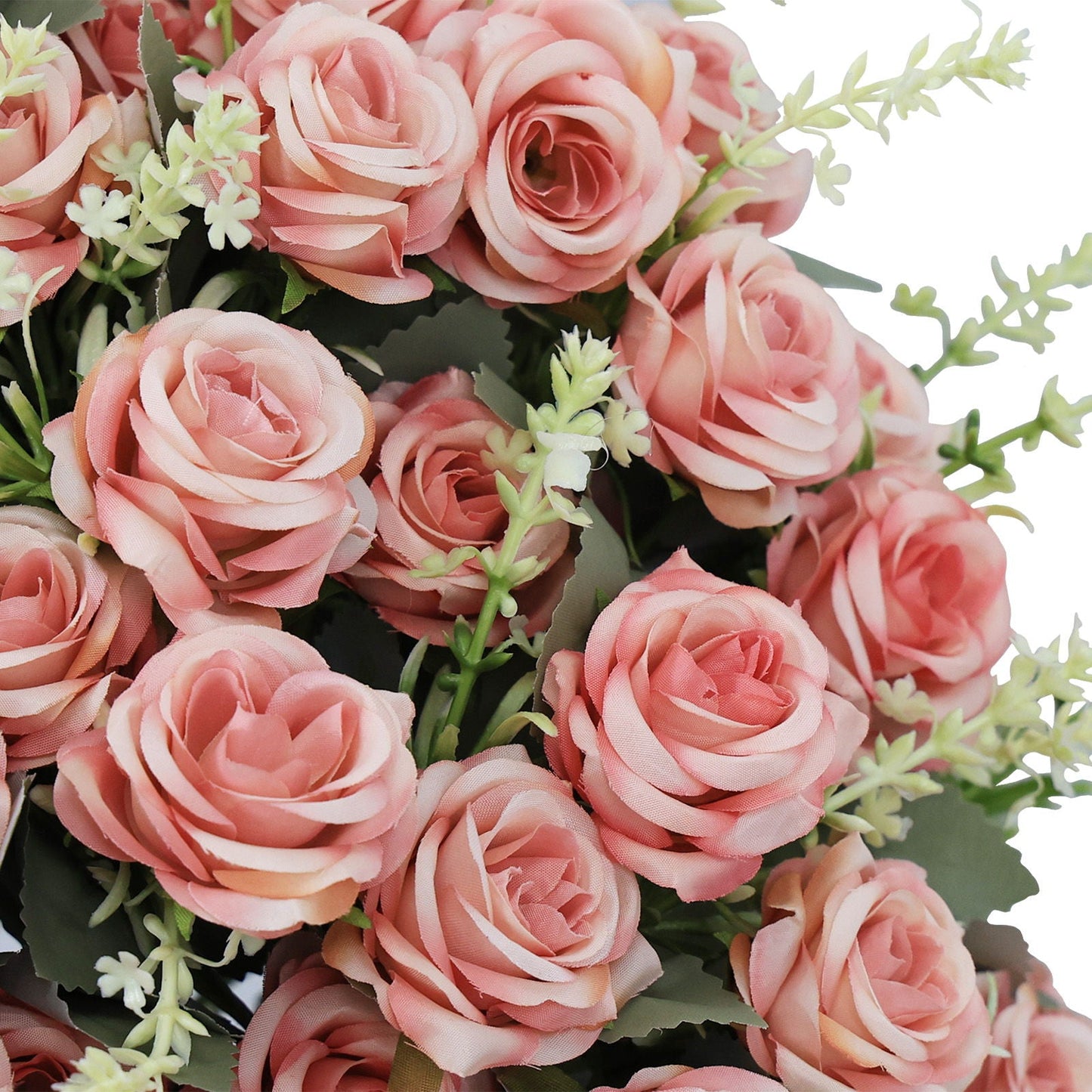 Artificial Rose Decoration With UV Resistant Silk Petals, Durable Stems In Cement Pot, Indoor Outdoor Potted Floral Arrangement - Green / Pink