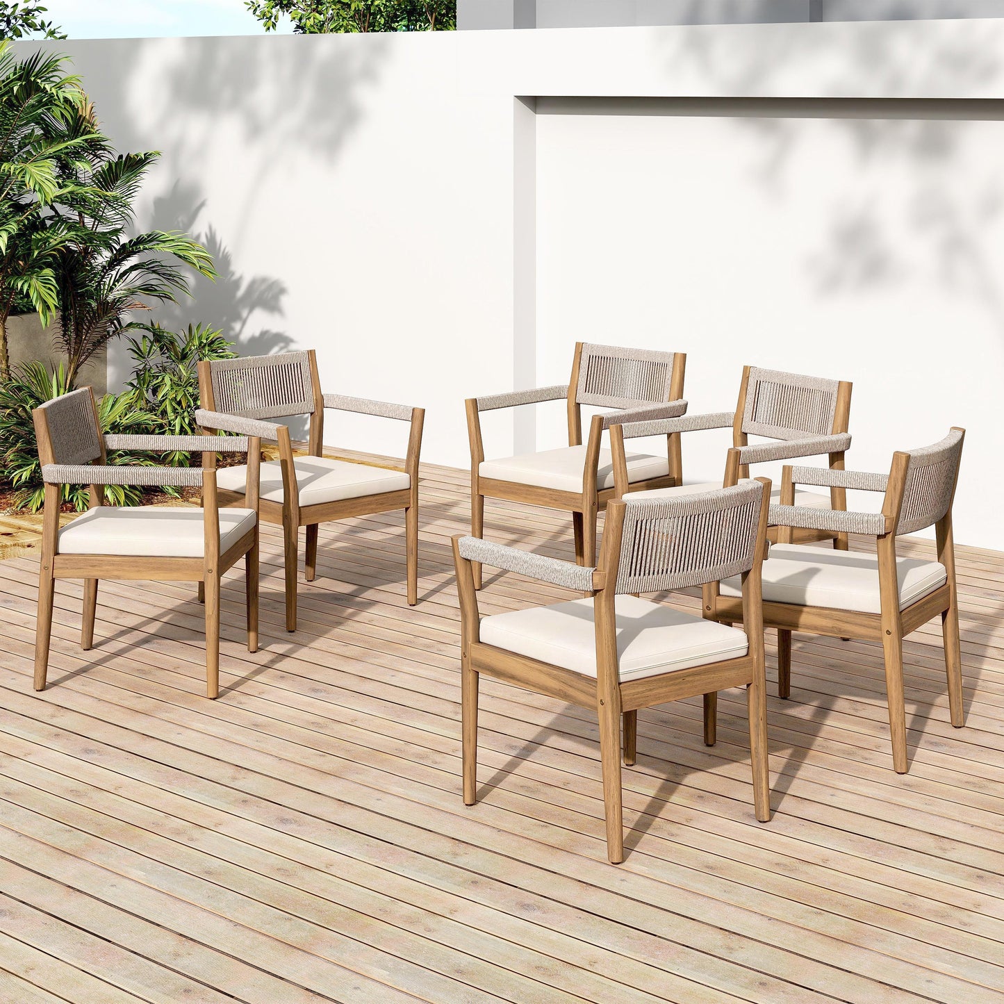 Braided Acacia Wood Outdoor Dining Chairs Set of 4 – Teak Look with Beige Rope & Cream Cushions