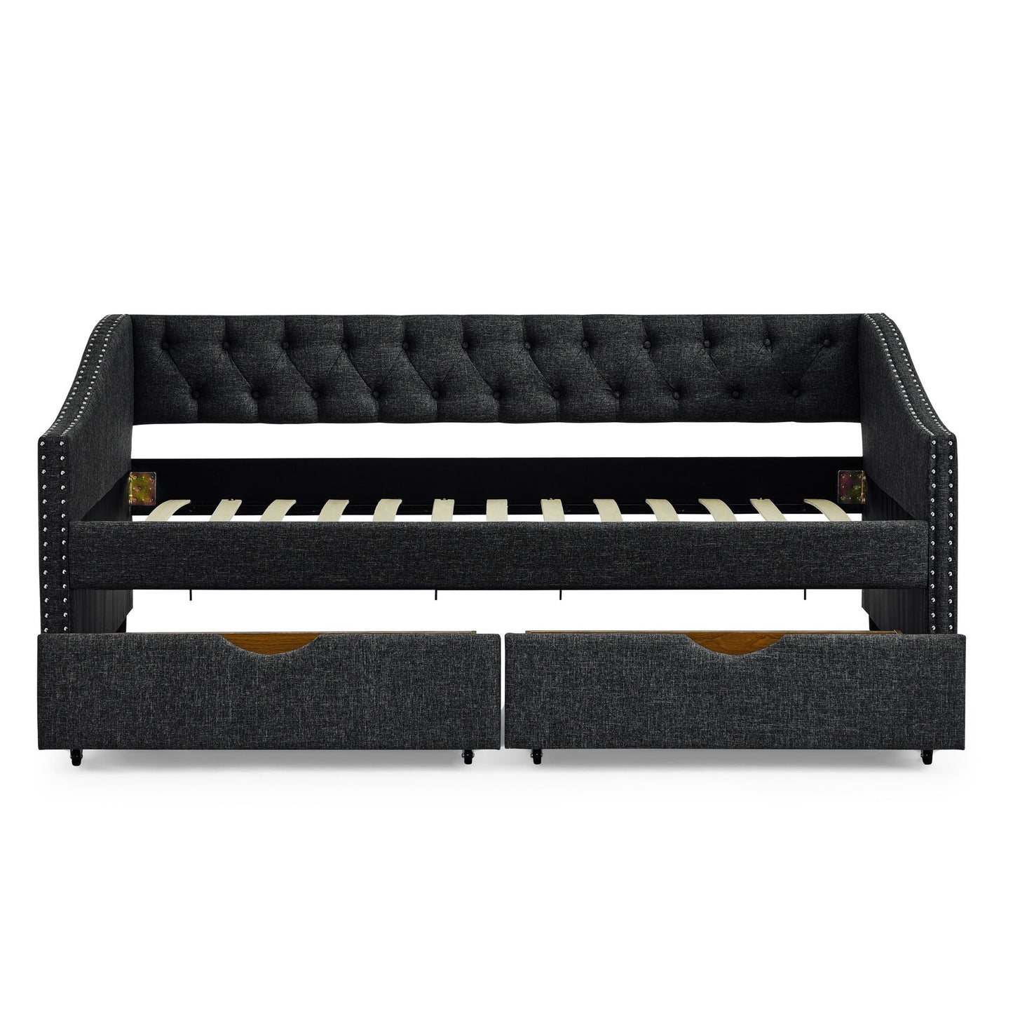 Upholstered Tufted Daybed With 2 Drawers, Waved Arms