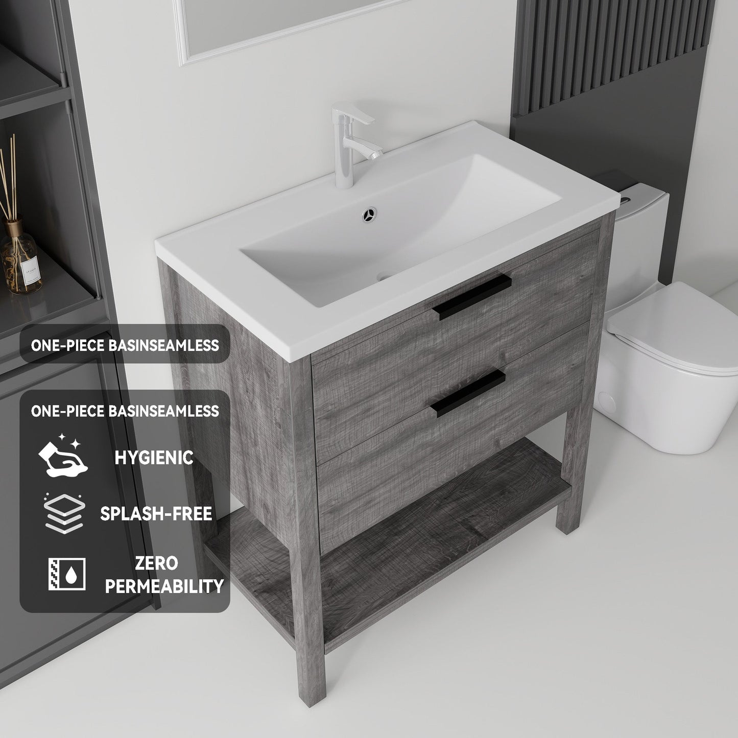 36 Inch Freestanding Bathroom Vanity with Sink, Soft-Close Drawer, Ceramic Sink, Plywood