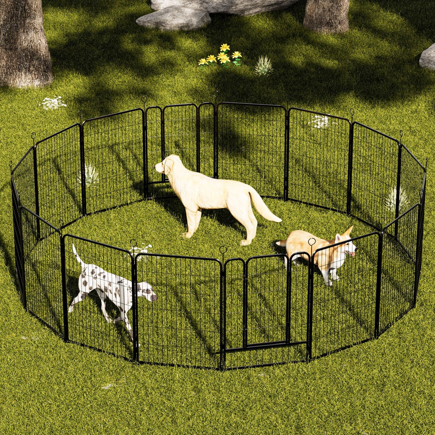 Dog Playpen, 16 Panels Pet Exercise Pen Indoor / Outdoor Fence With Anti Skid Base - Black