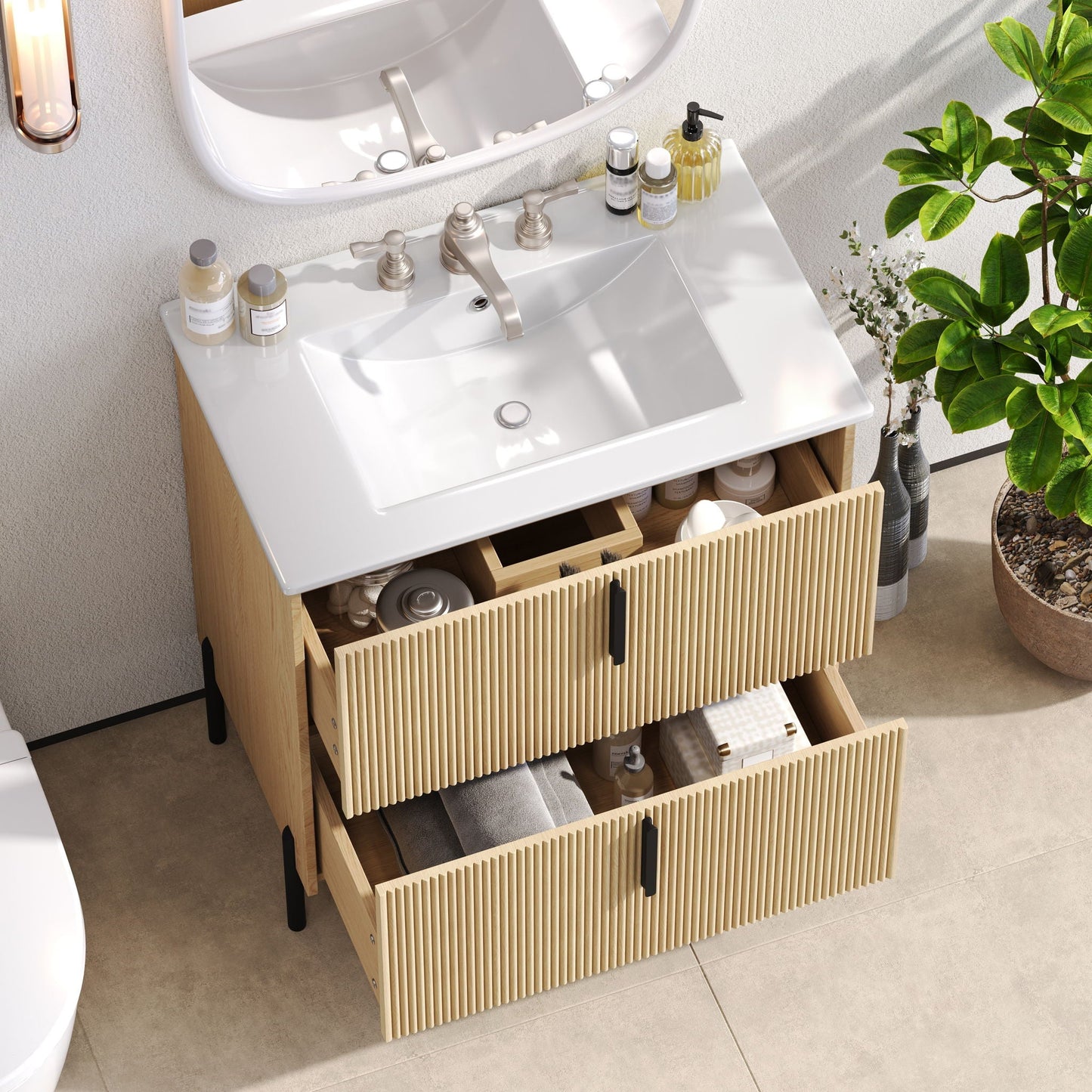 Bathroom Vanity With Ceramic Sink, Fluted Design