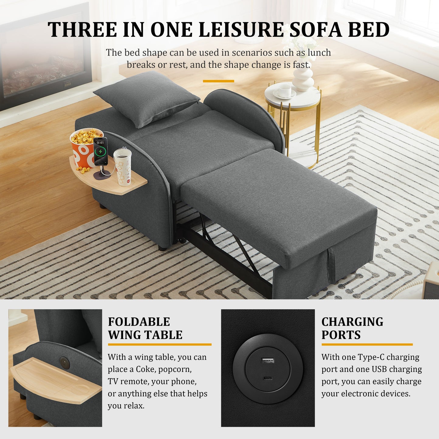 Sleeper Sofa Chair Bed, 3-In-1 Convertible with Adjustable Backrest & Foldable Table