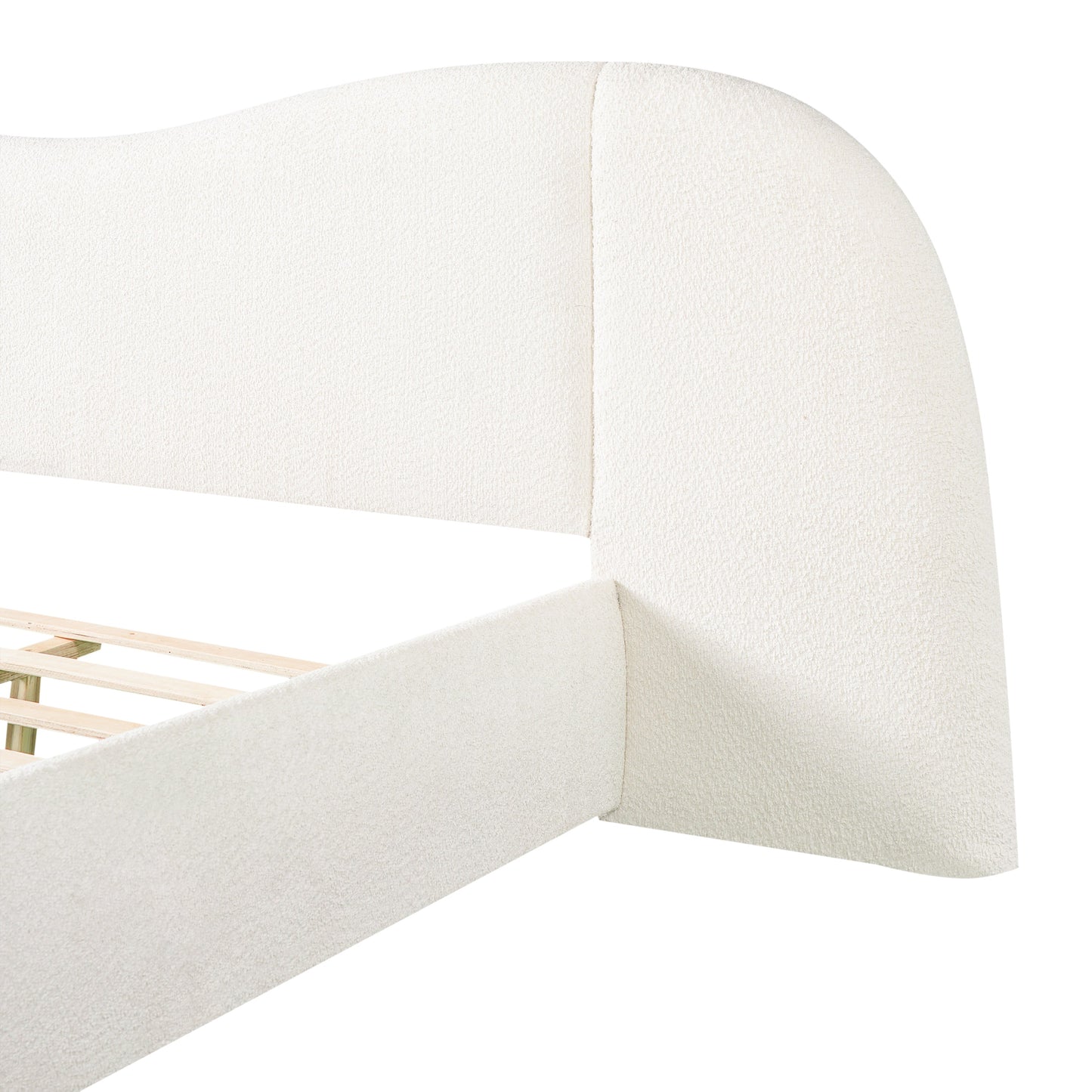 King Size Upholstered Bed Frame With Boucle Fabric Curved And Wide Headboard